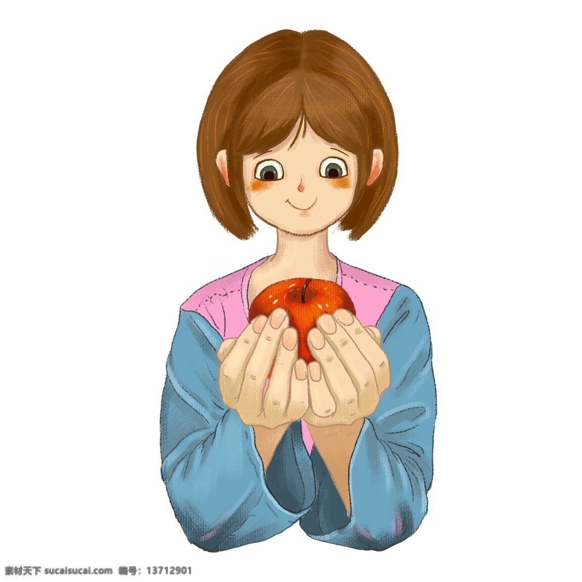 手绘 卡通 手 捧 苹果 可爱 短发 女孩 珍惜 短发女孩 手捧苹果 原创元素