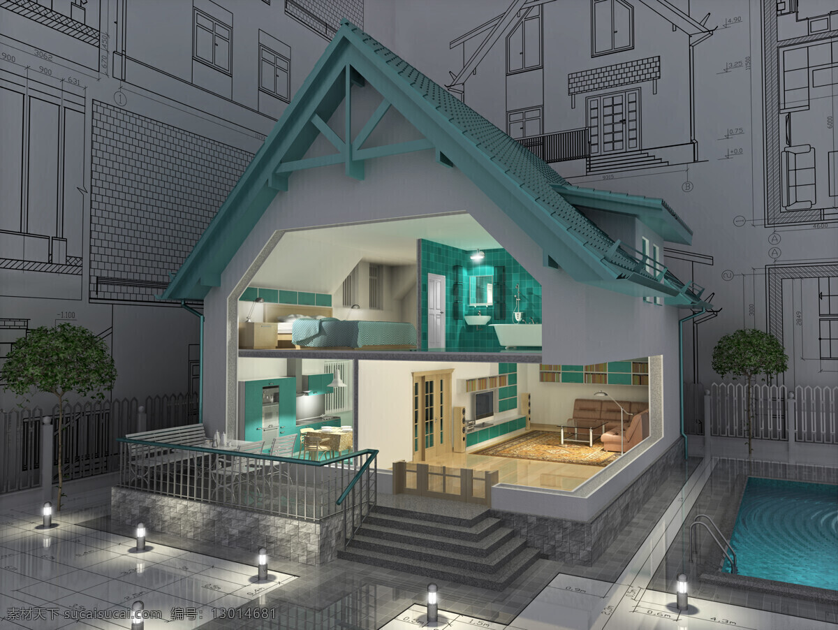 蓝色 别墅 内部 结构 楼房 房子 建筑 模型 图纸 设计图 建筑设计 环境家居 灰色