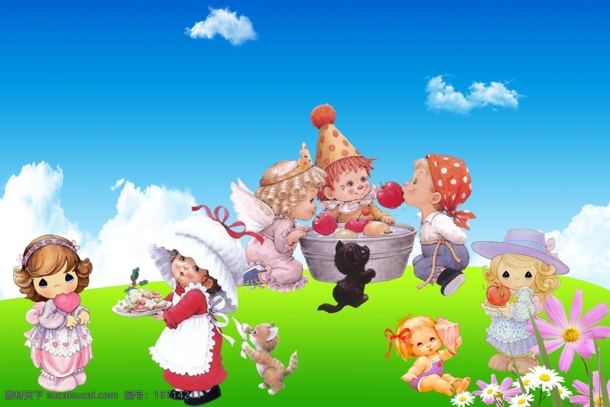 幼儿园 环境 装饰 卡通动物 卡通小朋友 蓝天草地 鲜花 幼儿园卡通 幼儿园素材 装饰素材