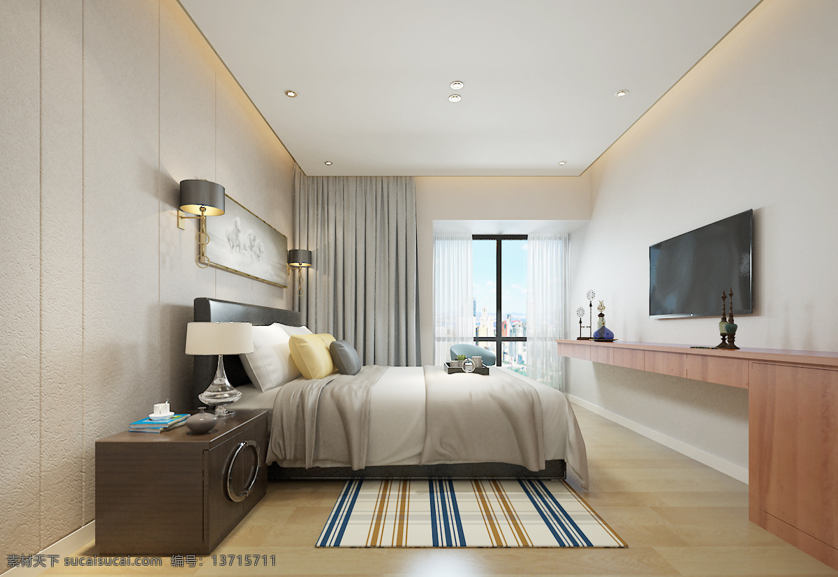 室内设计 商用 效果图 表现 简约风格 简约卧室 现代风格 木地板 简约现代卧室 现代简约卧室 卧室