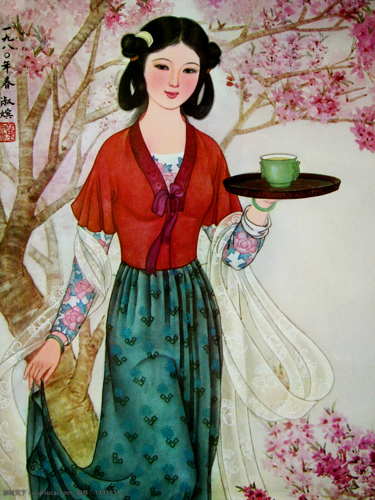 表情 茶 动作 国画 国画艺术 绘画 绘画书法 美人 人面桃花女 美术 工笔重彩画 仕女国画 女人 仕女 少女 姿势 桃花林 书法 印章 工笔画 集锦 文化艺术 装饰素材 雕刻 图案