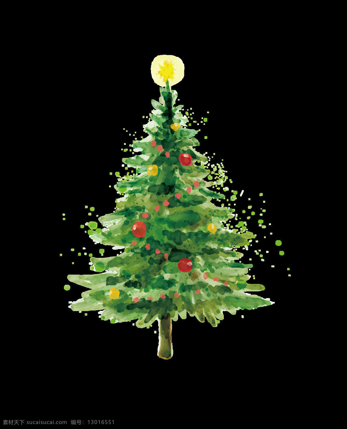手绘 水粉 圣诞树 圣诞节 星星 彩球 节日