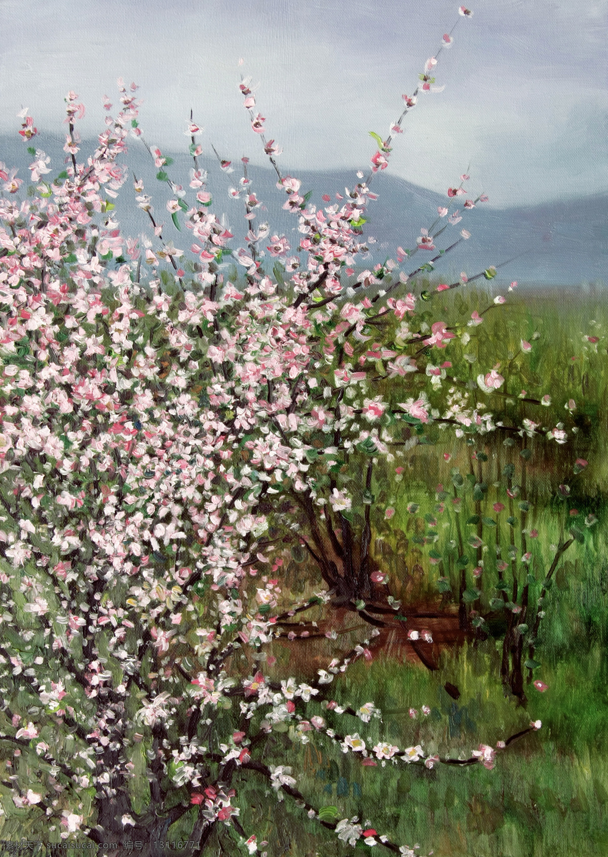 原野 粉色 风景 花朵 花枝 绘画书法 绿草 文化艺术 原野设计素材 原野模板下载 油画 家居装饰素材