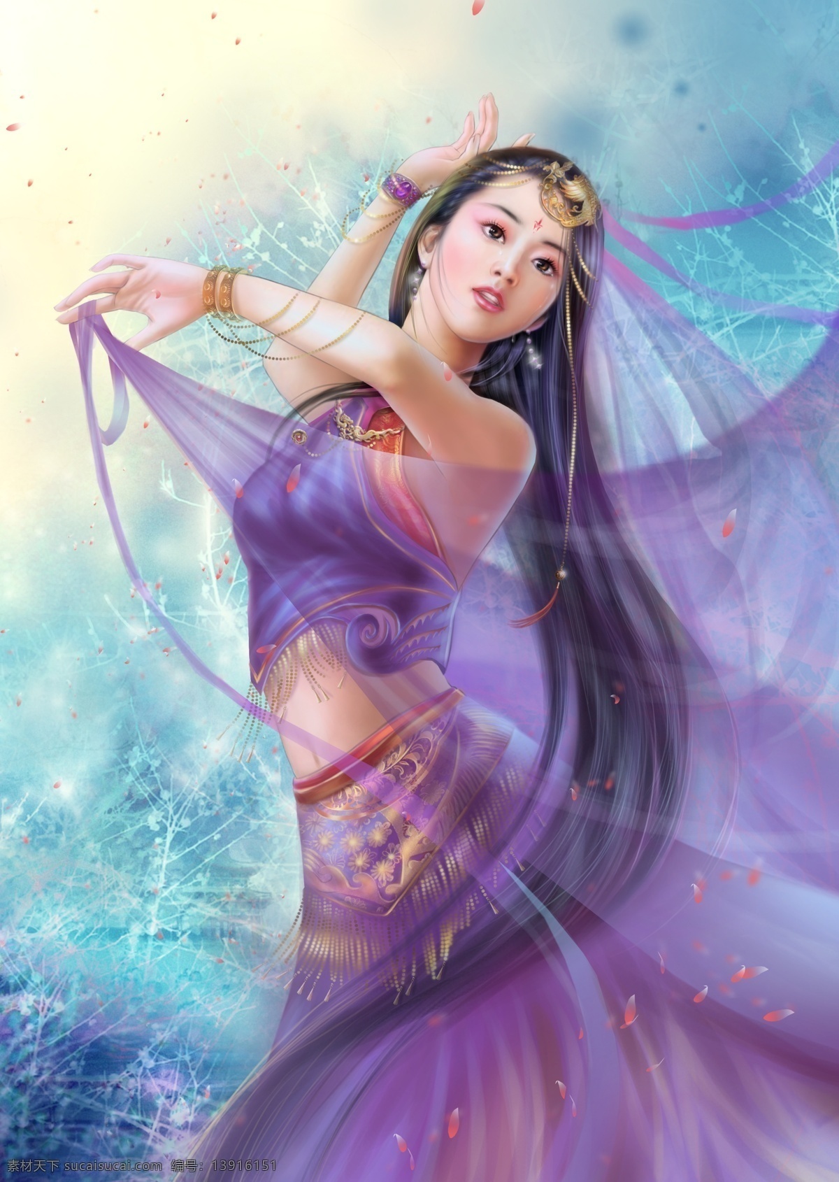 精美 手绘 美女 插画 彩色 动漫 精美图片 漫画 手绘美女 新年 紫色 节日素材 2015 元旦 春节 元宵