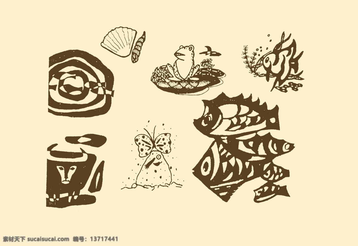 分层 版画 贝壳 插图 动物插画 动物装饰画 儿童画 风光 图案 简笔画 装饰画 线条 手绘 幼儿 水族 鱼 源文件 插画集