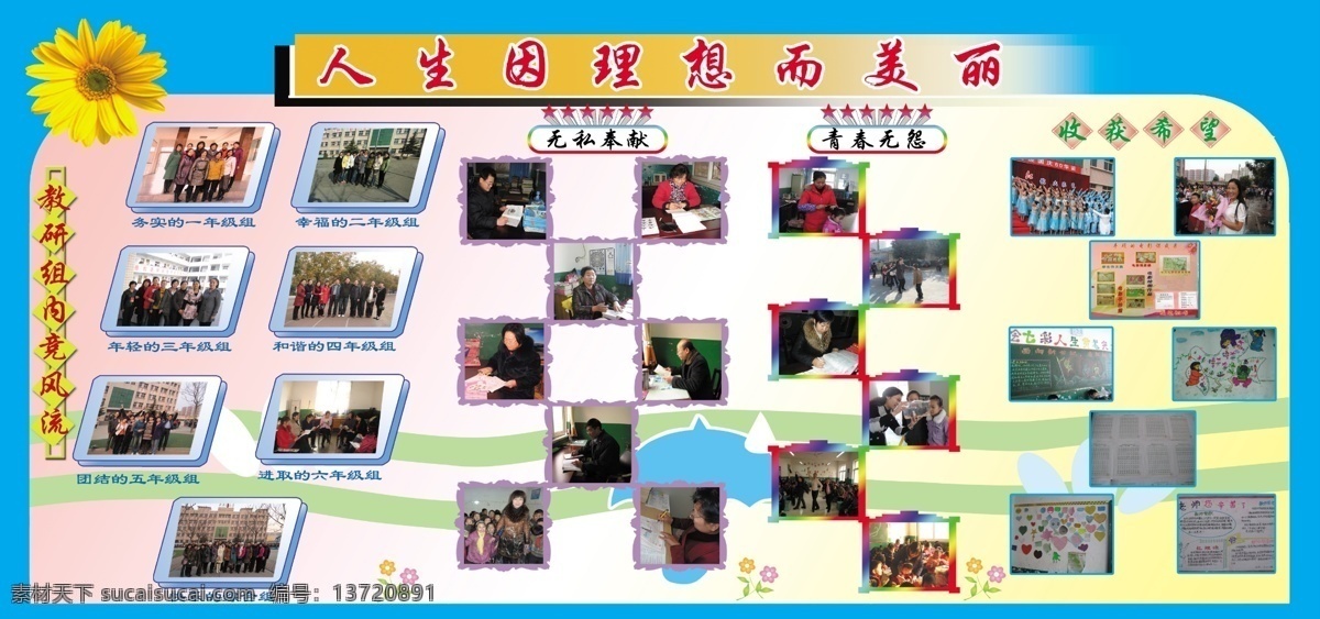 广告设计模板 无私奉献 向日葵 学校 源文件 展板 展板模板 照片 教研组 内 竞 风流 青春无怨 收获希望 其他展板设计