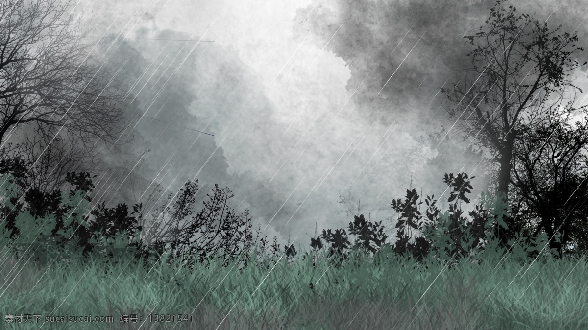 手绘 草地 树林 下雨 背景 插画 卡通背景 卡通素材 卡通 树立 雨 背景设计 banner