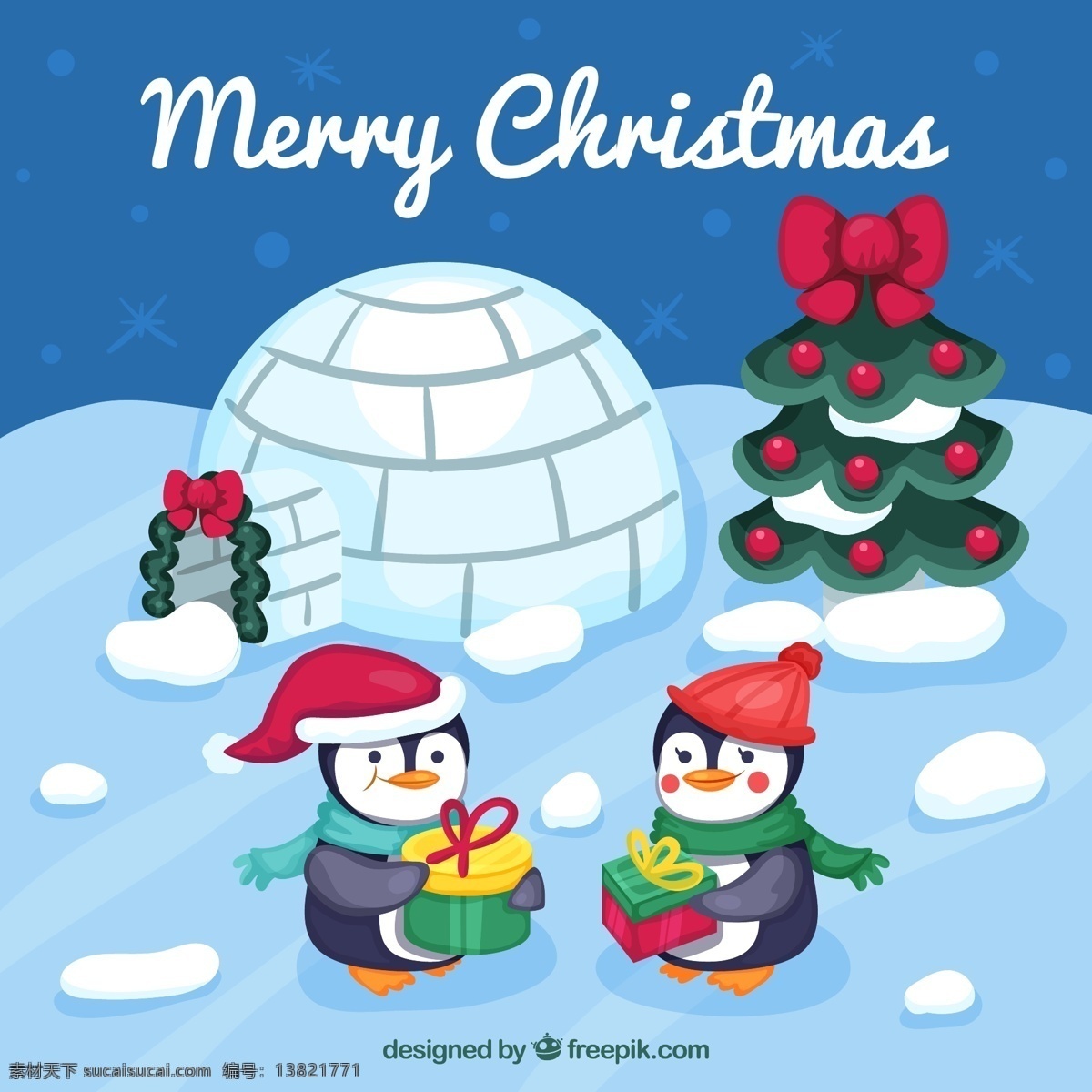 卡 通过 圣诞节 企鹅 圣诞树 礼物 礼盒 雪花 merry christmas 卡通 冰屋 文化艺术 节日庆祝