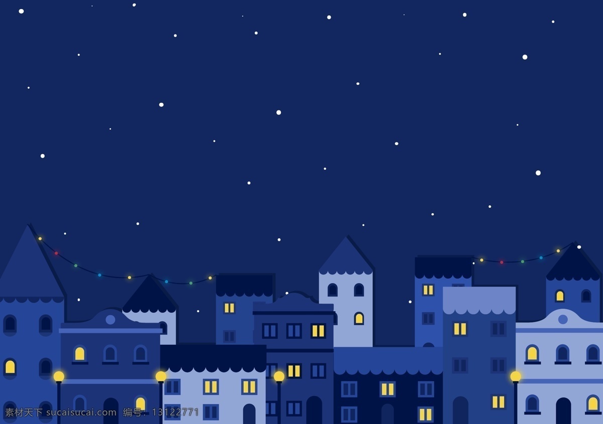 蓝色 夜空 背景 广告 模板 天空 下雪 房子 海报 平面 矢量