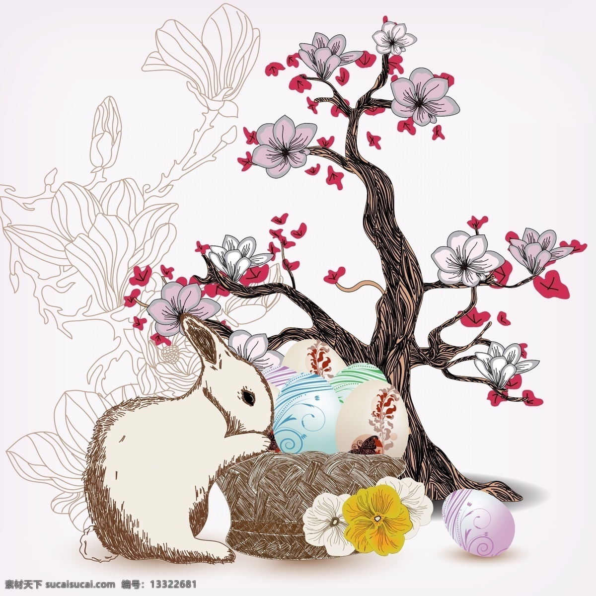 复活节 复活节彩蛋 兔子 手绘 花卉 鸡蛋 矢量 节日素材 节日庆祝 文化艺术