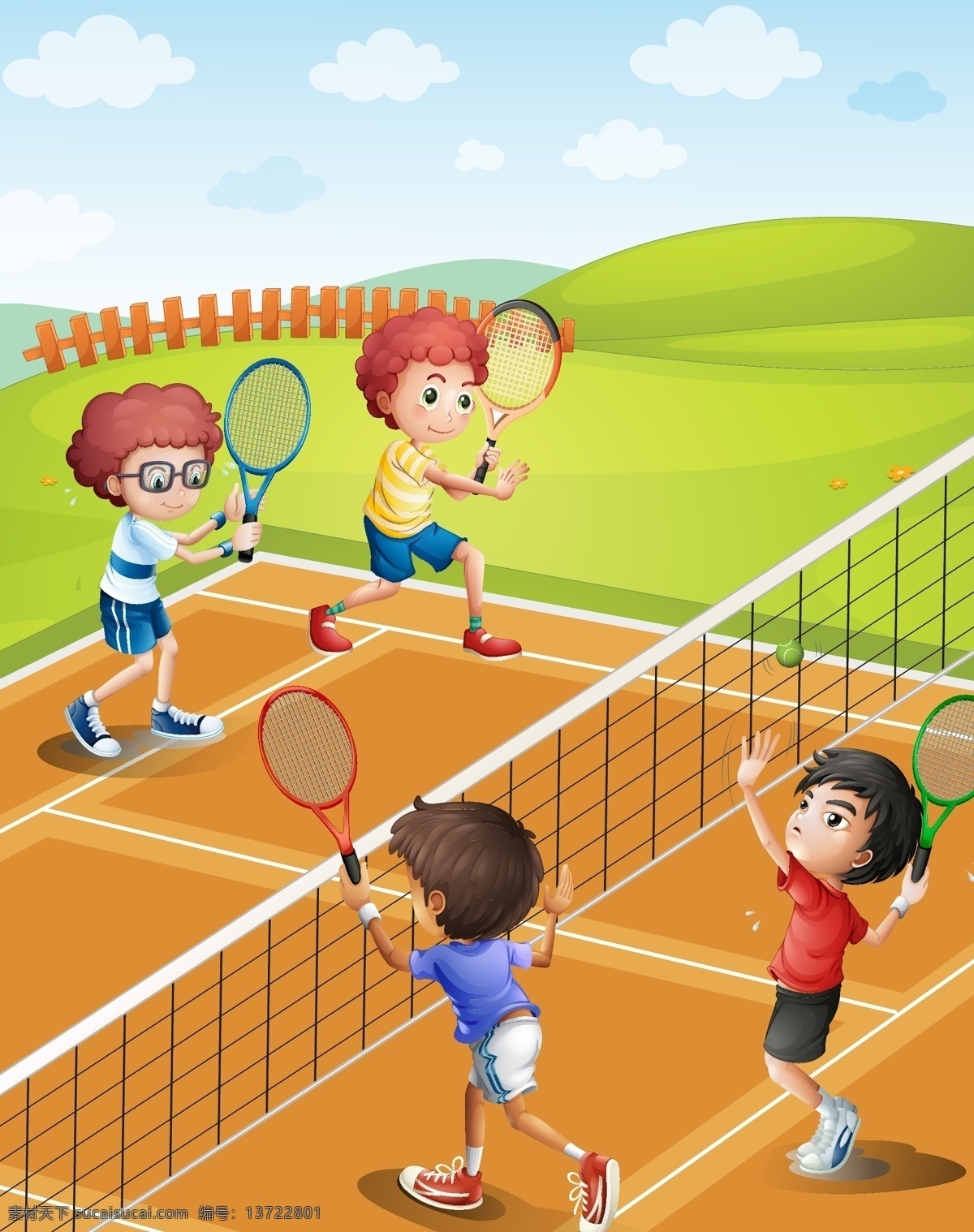 卡通网球运动 运动 体育 运动员 比赛 竞赛 球类 儿童 体育素材 网球 卡通儿童 卡通设计