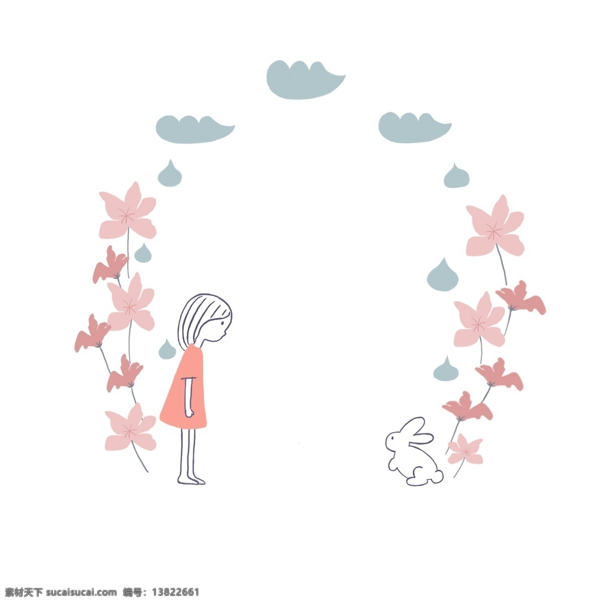 小女孩 兔子 小清 新卡 通 手绘 花 框 女孩 卡通 云 场景 小朋友