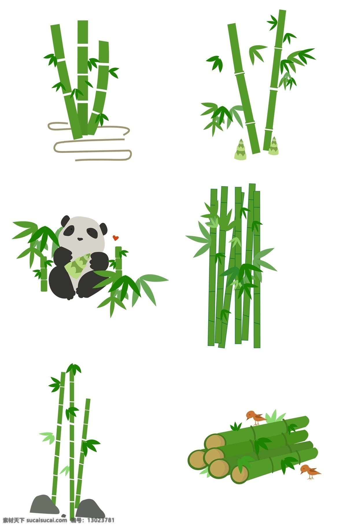 扁平 风 中国 竹子 矢量图 竹叶和小竹笋 可爱熊猫 一片竹林 假山 中 分布 竹林 石头 小鸟