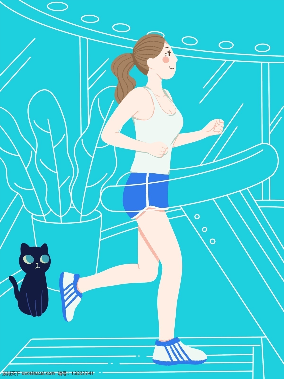 原创 手绘 插画 虚实 象生 运动 女孩 虚实象生 跑步 健身 猫 线条 简约 小清新 背景 海报 闪屏 朋友圈海报 启动页 可爱