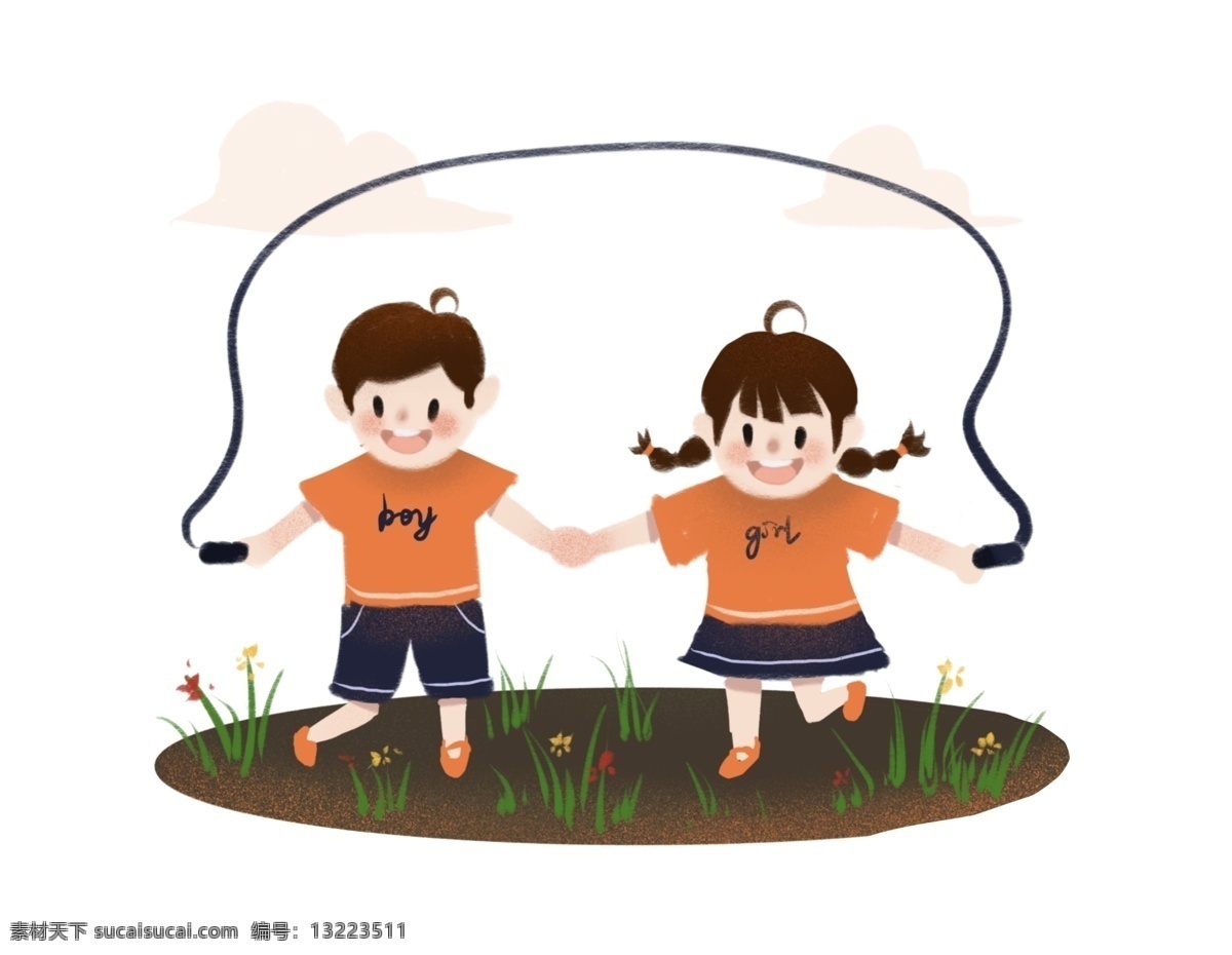 卡通 手绘 可爱 男女童 快乐 手拉手 草地 跳绳 场景 卡通手绘 男孩 女孩 卡通运动 卡通玩耍 卡通儿童 草地卡通