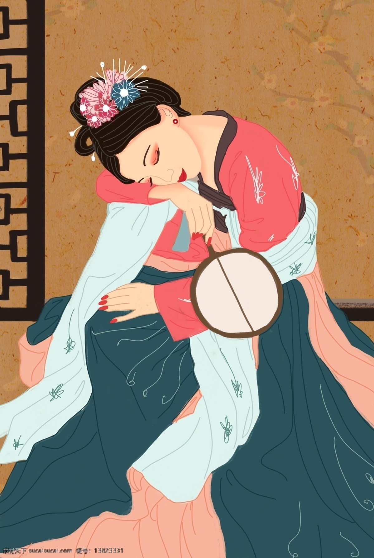 国 潮 中国 风 服饰 汉 服 古装 女子 闭 国潮 中国风 汉服 闭眼小憩 手绘插画 分层