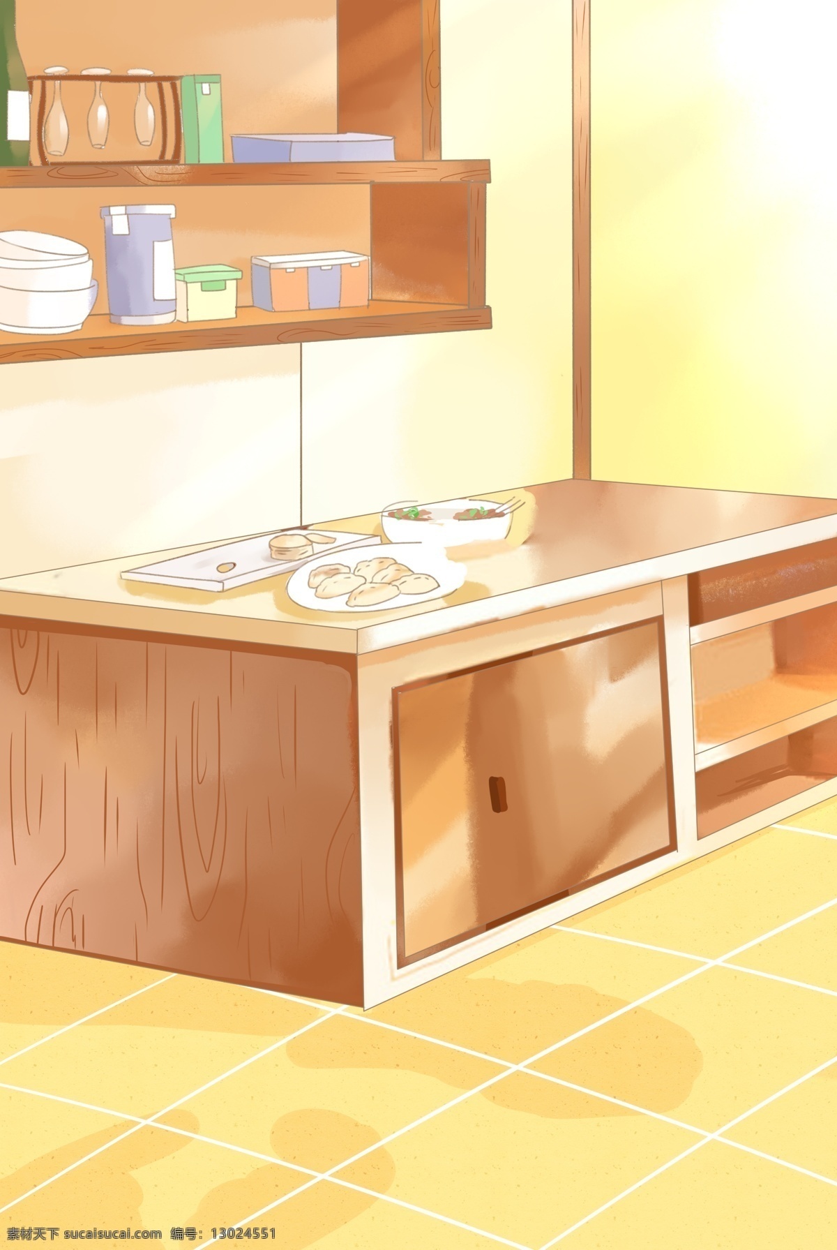 暖 色系 厨房 一角 背景 卡通 厨房里的柜子 置物架 牛奶 碗具 洗碗