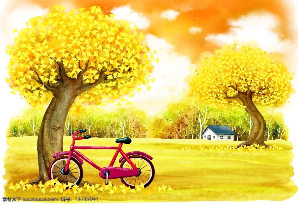 意境树 自行车 分层 黄金树 枫树 插画 卡通插画 自然景观 自然风光
