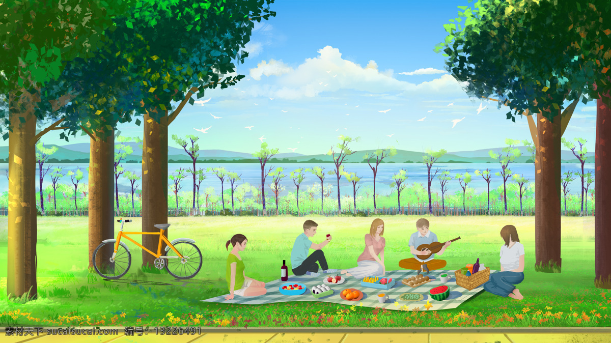 公园 野餐 漫画 海报 草地 树木 美景 美食 游玩 卡通漫画