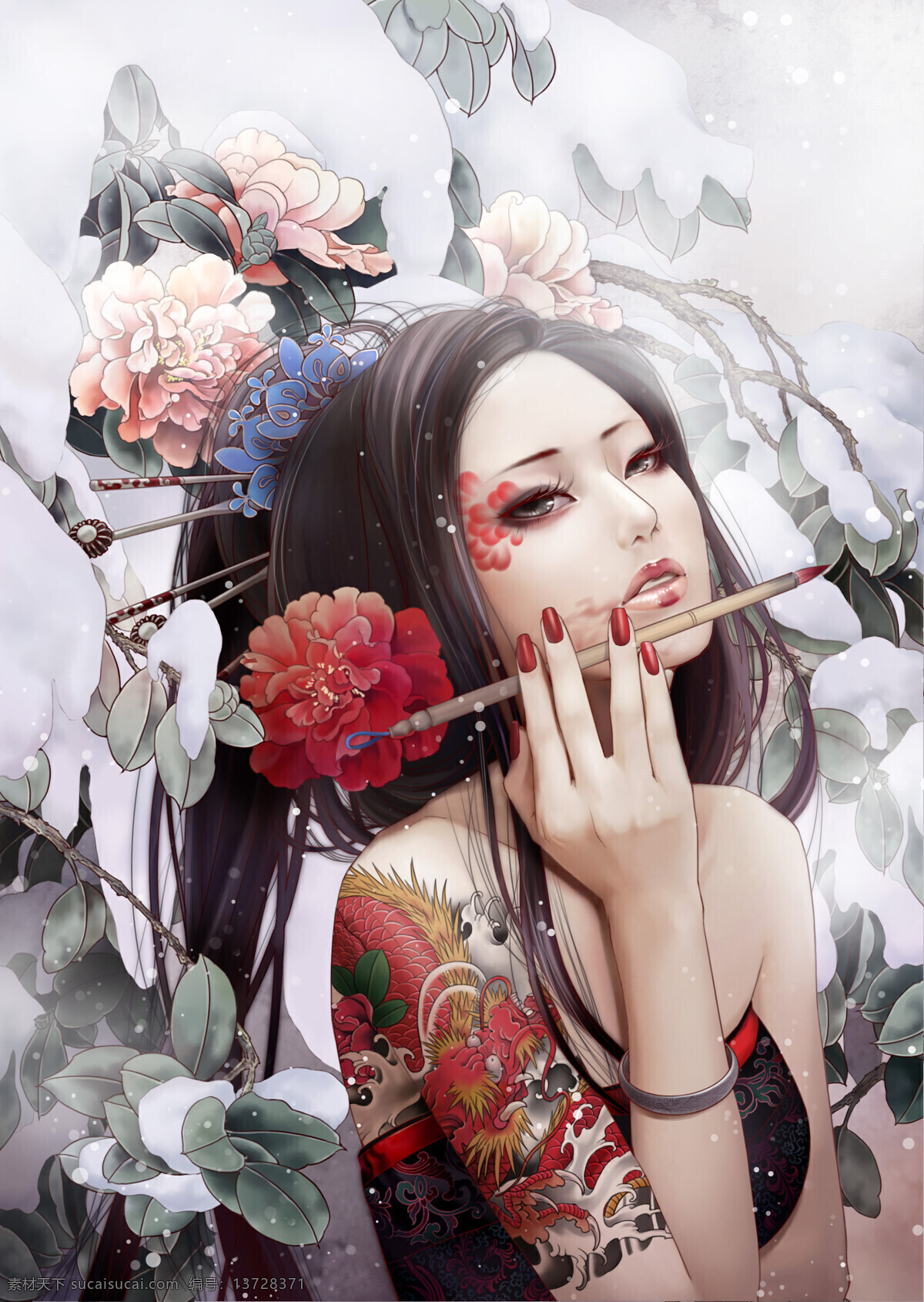 插画美女 牡丹 芍药 美女 纹身 头饰 玫瑰 雪 雪花 动漫 剑网三 插画 游戏原画 海报 绘画书法 文化艺术 张小白插画