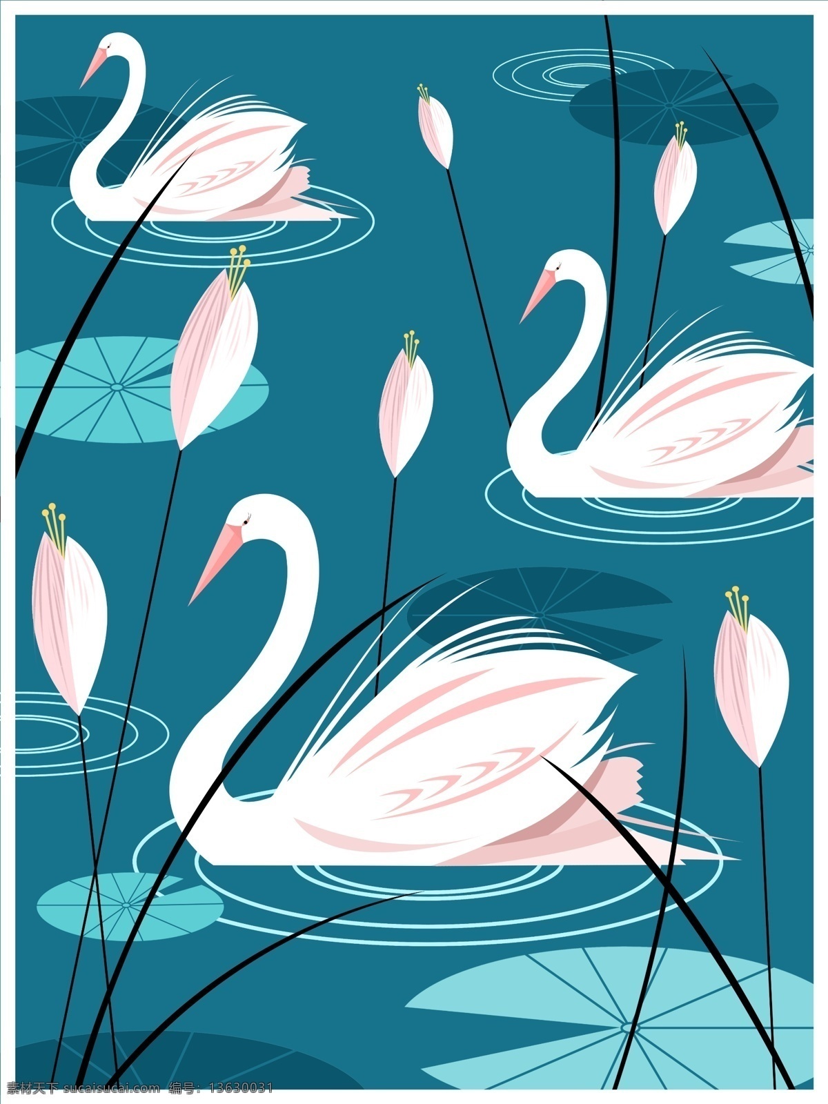 自然 印记 插画 湖中 天鹅 荷叶 草 蓝色 清新 壁纸 自然印记 湖 花 湖水 波纹 邮票 背景