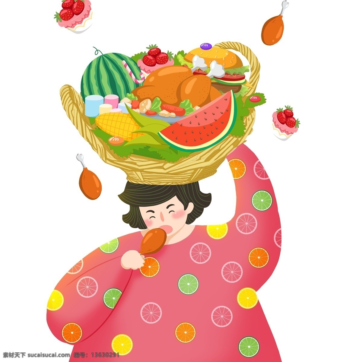 甜蜜 小 清新 水果 女孩 插画 彩色 卡通 小清新 317吃货节 鸡腿 吃货 篮子