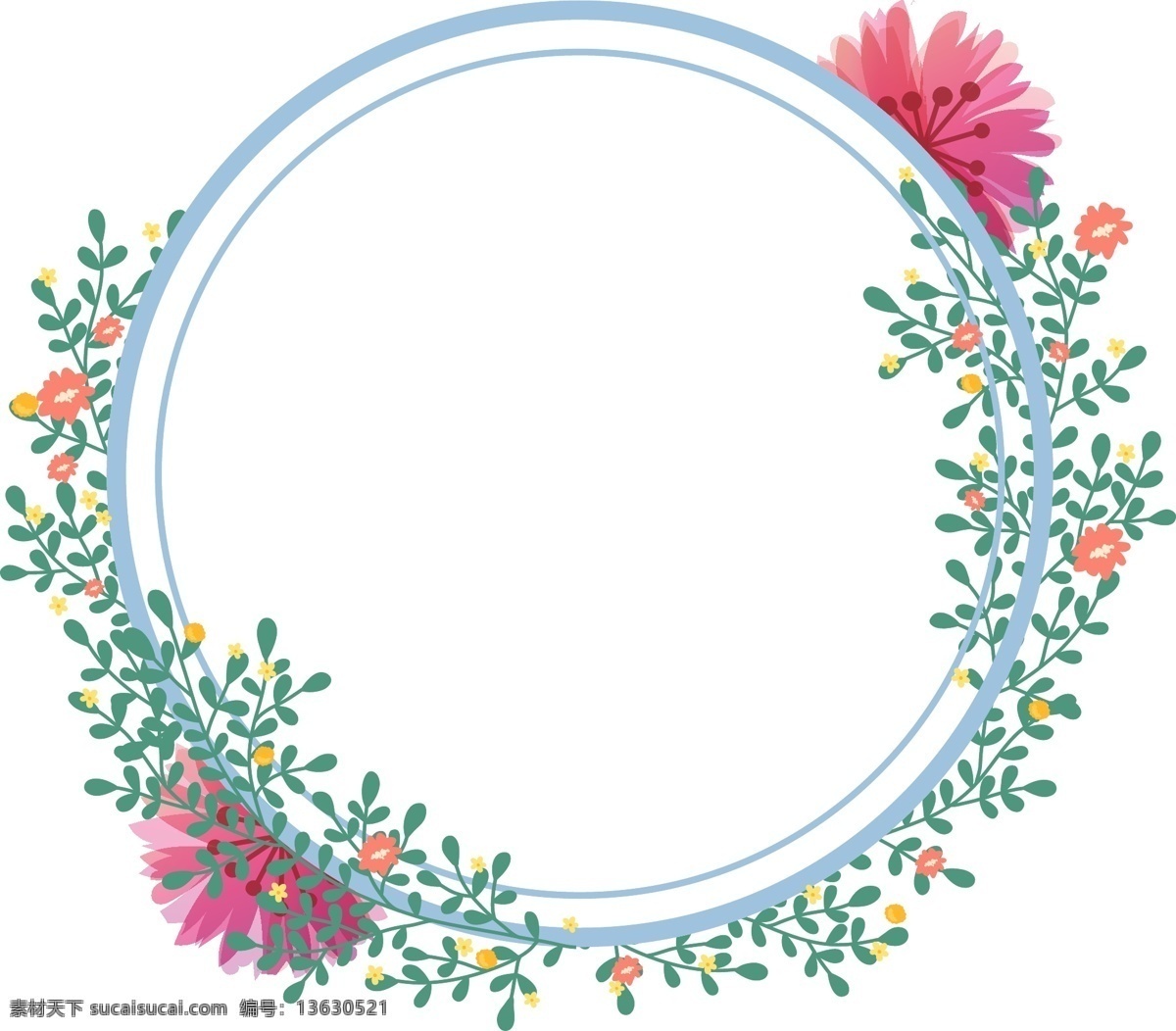 矢量 手绘 花环 花边 粉色 花朵 绿色 树叶 树枝 花草 梅花 桃花 鲜花 花束 蓝色的花 黄色