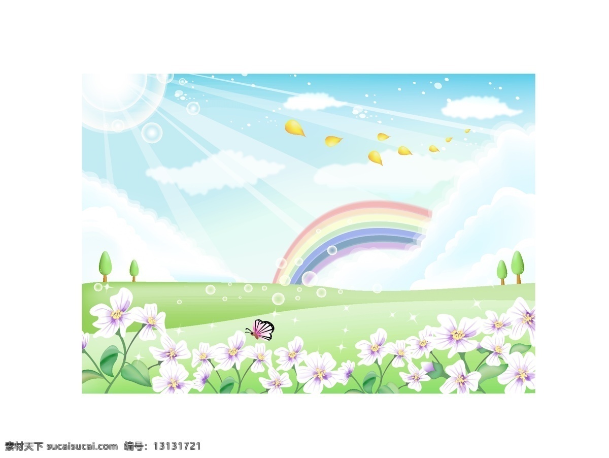 田园风光 cdr矢量图 彩虹 蝴蝶 气泡 树 太阳 云朵 花纹花边
