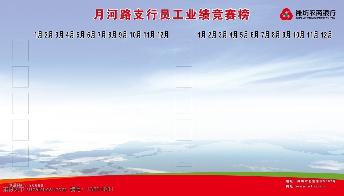 潍坊农商银行 宣传栏 标志 银行 蓝天 蓝色背景 山水 云彩 浅色 淡色 业绩比较表 其他模版 广告设计模板 源文件