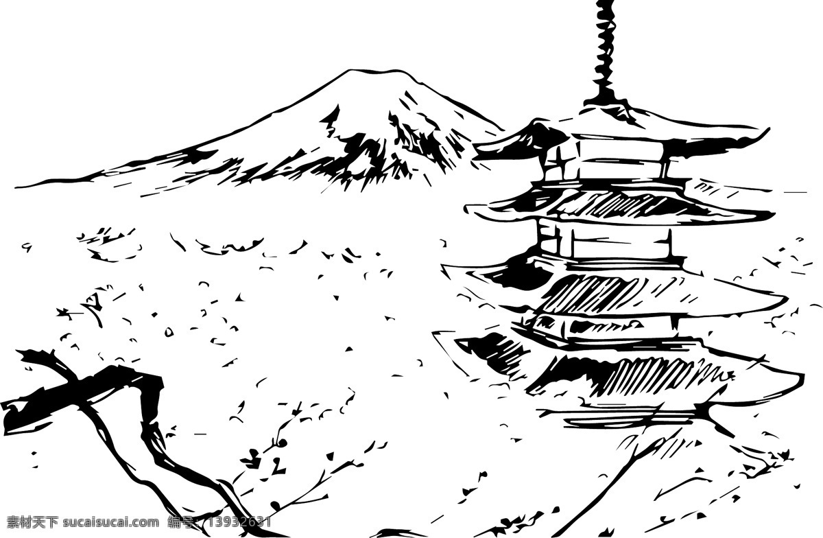 日本 富士山 樱花 金阁寺图片 线稿 金阁寺 风景 背景 矢量素材 底纹边框 背景底纹
