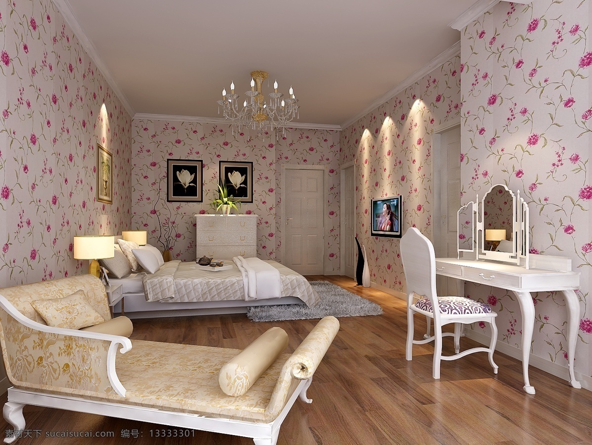 甜美 女孩 卧室 装饰 床 梳妆台 妃子椅 3d模型素材 室内装饰模型