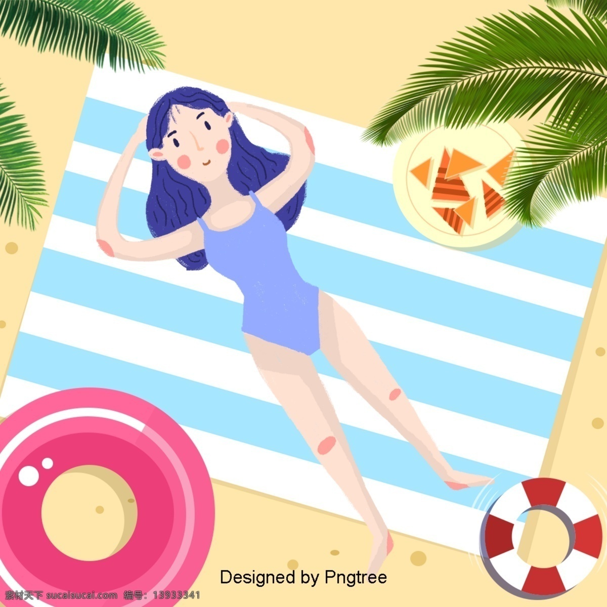 美丽 的卡 通 可爱 手绘 夏季 海滨 度假 漂亮 卡通 夏天 海边 假日 游泳 圈