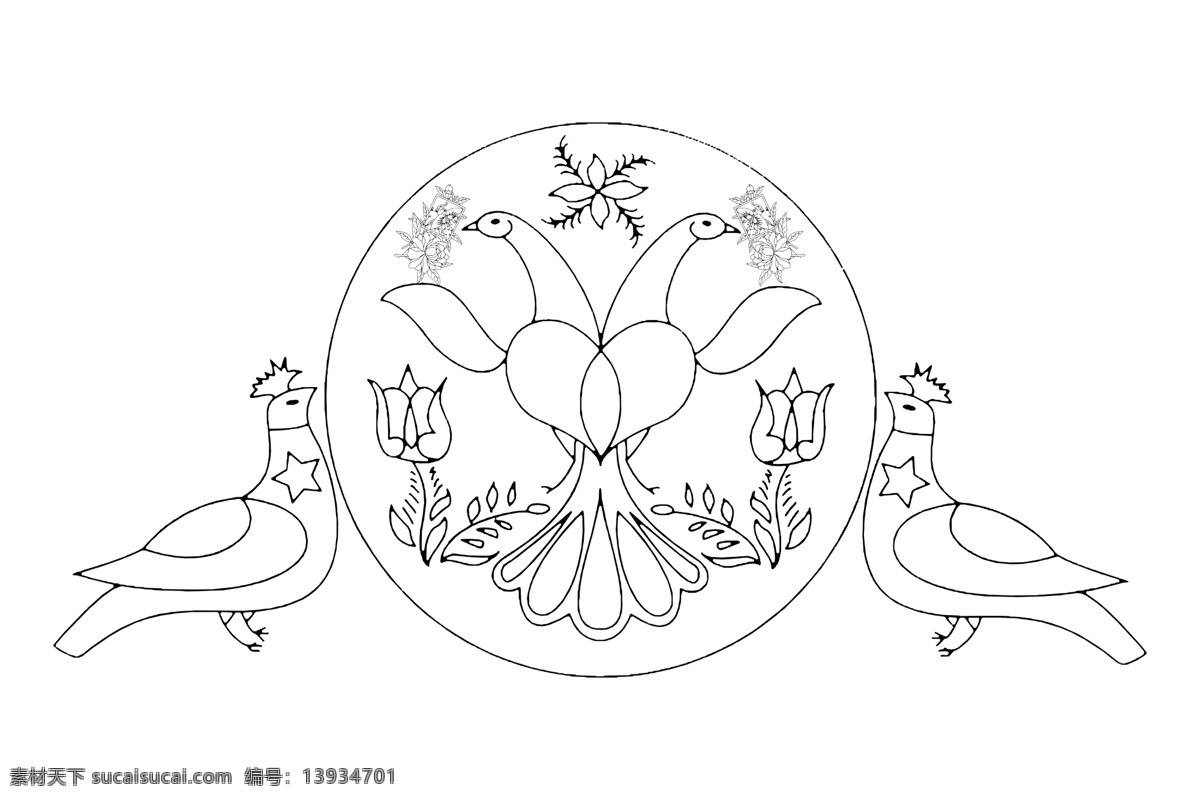 欧式 小鸟 花纹 插画 线条 漂亮 精致
