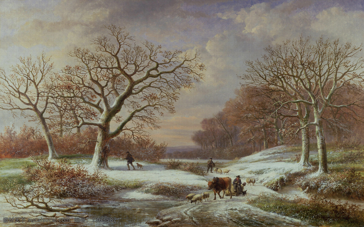 雪景 树木风景 欧美复古风景 油画 风景油画 灰色