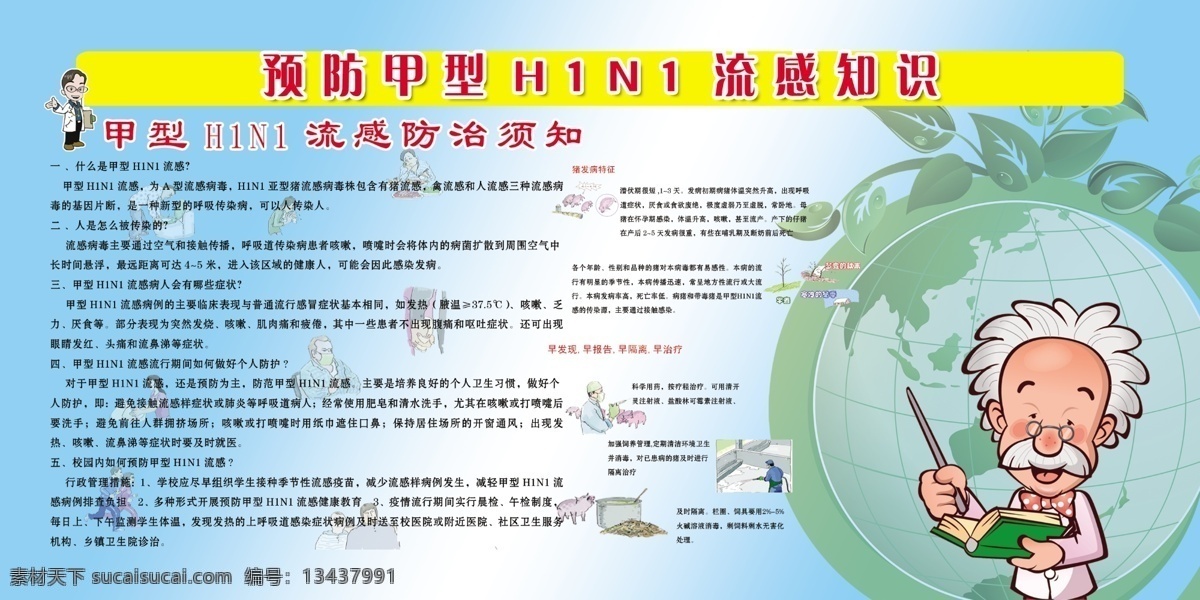 预防 甲型 h1n1 流感 知识 须知 传染的原因 症状 怎么预防 卡通医生 分层 源文件