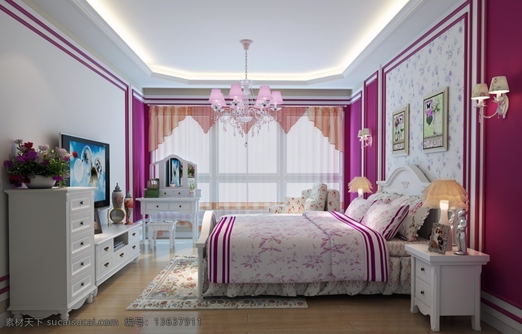 浪漫 温馨 现代 卧室 吊灯 效果图 后现代 卧室吊灯 紫色 水晶吊灯