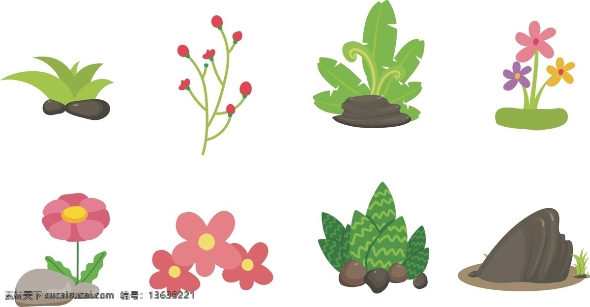 彩色 可爱 植物 卡通 花朵 石头 矢量素材 绿草 花枝