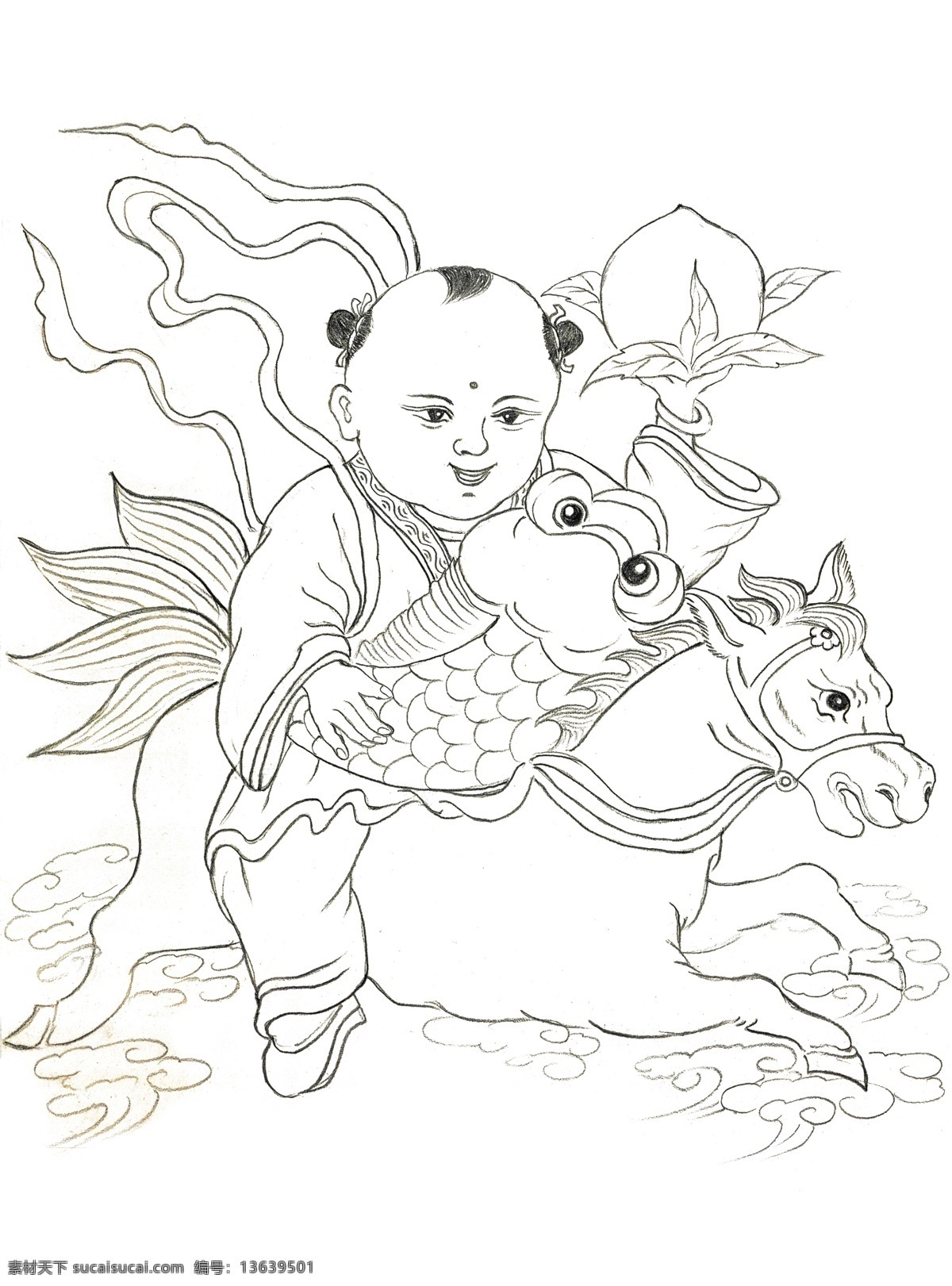 手绘童子骑马 桃 人物 手绘 先搞 线描 时代 寿桃 马 花朵 老人 动物 绘画书法 文化艺术