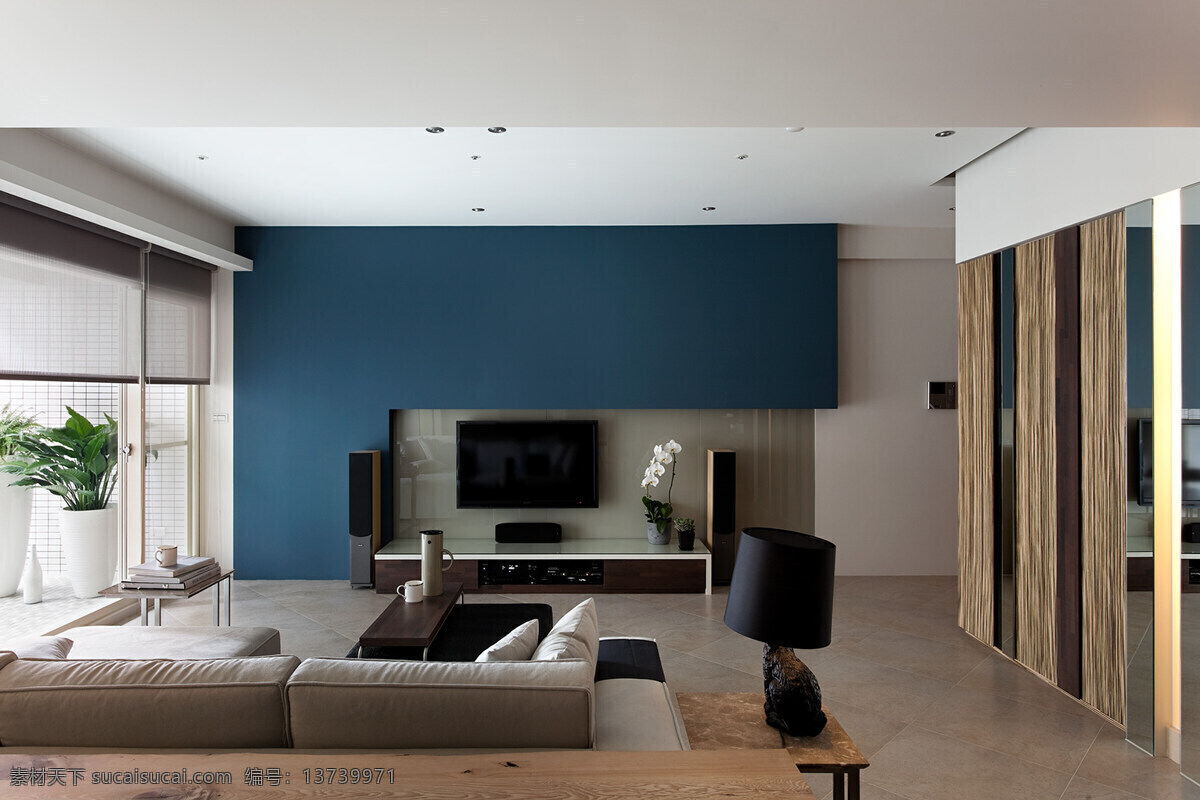 现代 时尚 客厅 蓝色 背景 墙 室内 效果图 室内装修 客厅装修 浅色地板 蓝色背景墙 灰色沙发