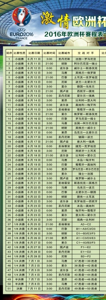 2016 欧洲杯 赛程表 24强 精彩 赛程 生活百科 体育用品