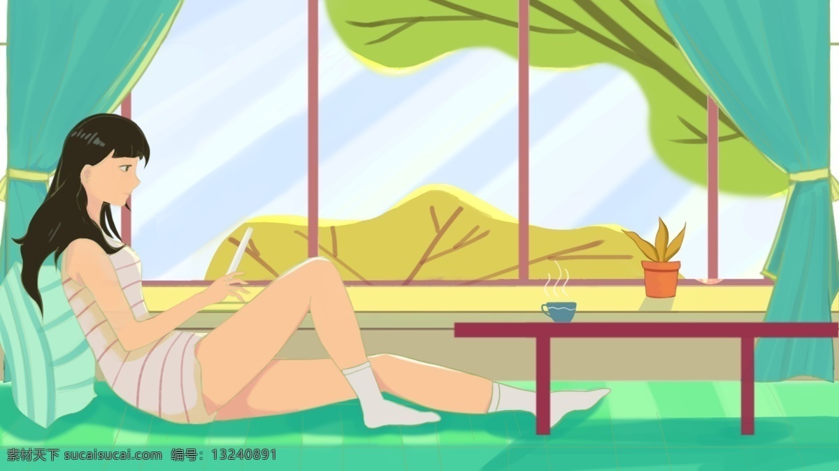 早安 小 清新 窗前 悠闲 半 躺 女孩 阳光 茶几 心情 半躺 靠枕 清晨