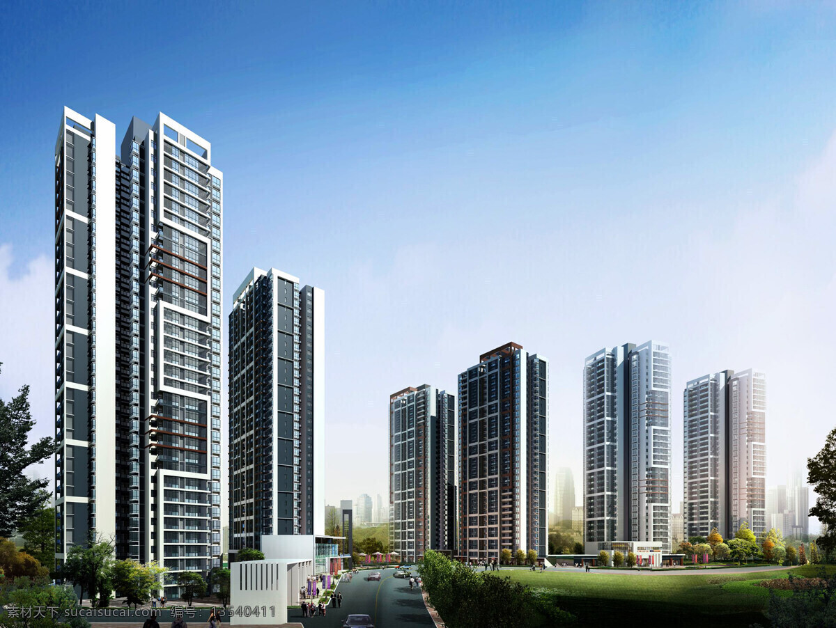 草地 道路 高层建筑 广场 环境设计 建筑设计 街景 楼盘 设计图 设计素材 模板下载 楼盘设计图 楼宇 住宅楼 商业楼 商务区 商铺 绿化 树木 行人 汽车 天空 楼盘效果图 矢量图 建筑家居