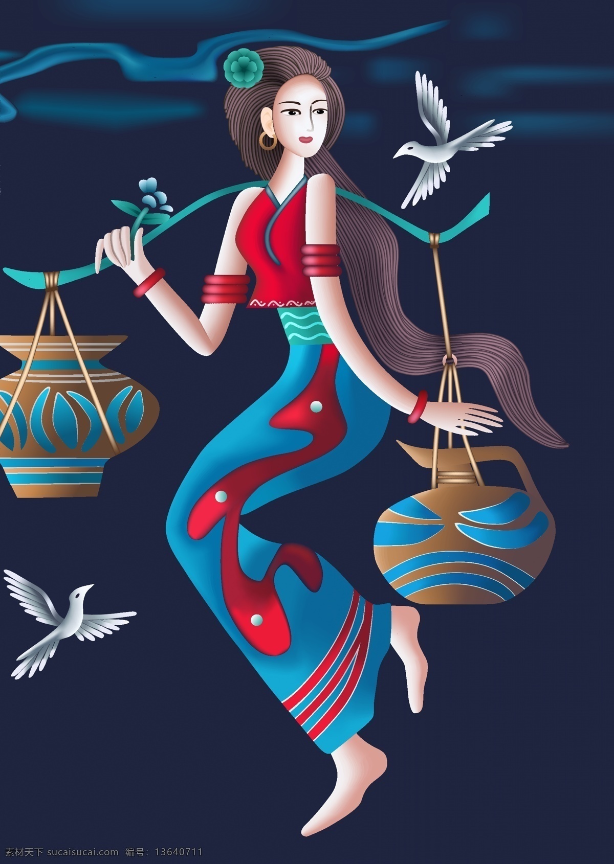 挑担子的女人 少数民族 民族 民族风 风格 女人 漂亮女人 苗族 芭蕉 叶子 花 红花 小鸟 白鸟 鸟儿 担子 背篓 笼子 裙子 头发 底纹背景 底纹边框 矢量