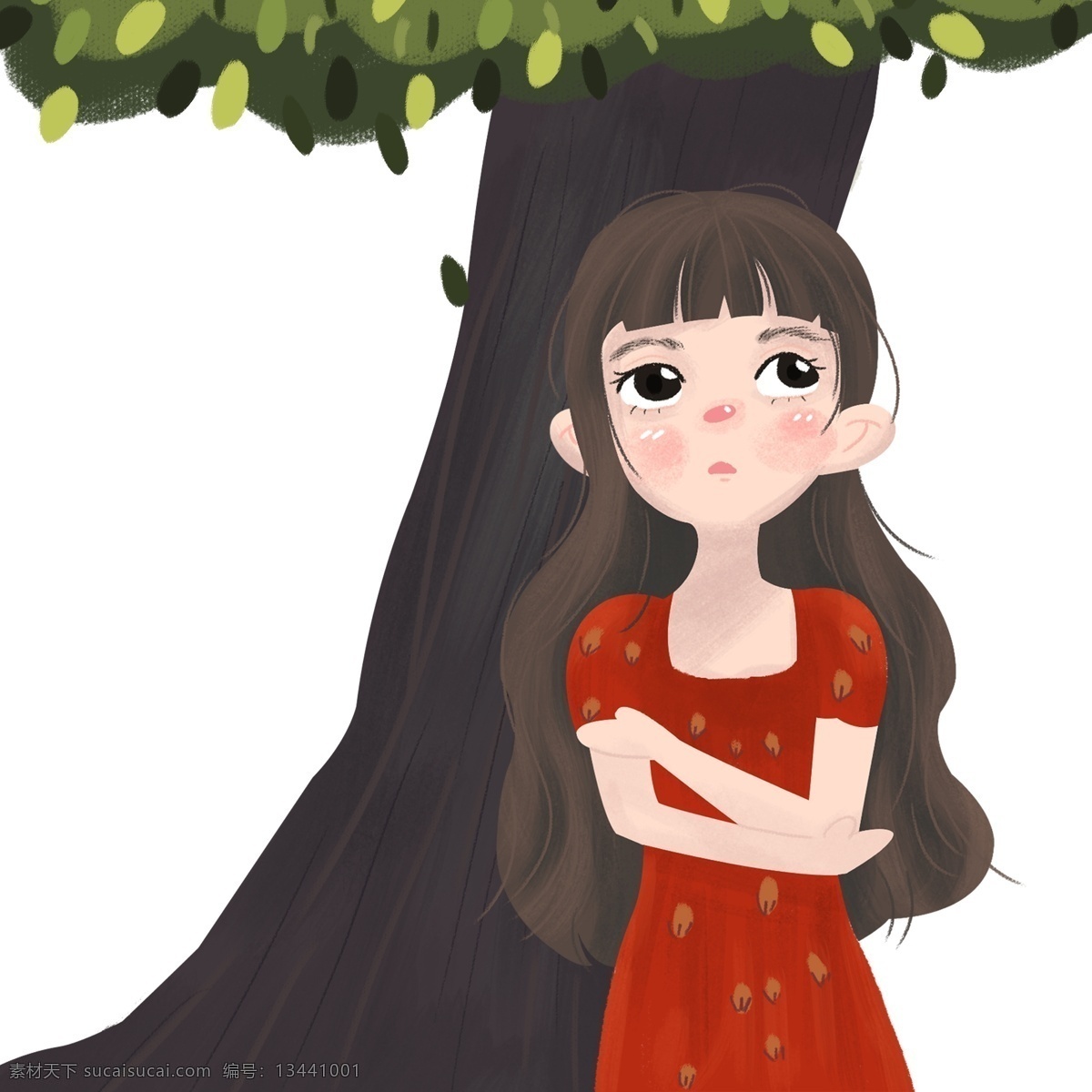 小女孩 站 树 边上 免 抠 图 卡通人物 动漫人物 漂亮的女孩 长头发 时尚 生态大树 植物叶子 新鲜植物
