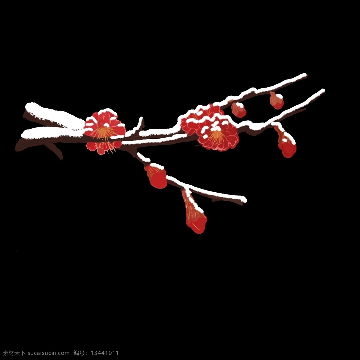 雪 压 梅花 树枝 插画 一枝梅花 冬季 腊梅 红色花朵 植物 墙角一枝梅 冬日 寒冬 寒冷 隆冬绽蕾 雪压梅花