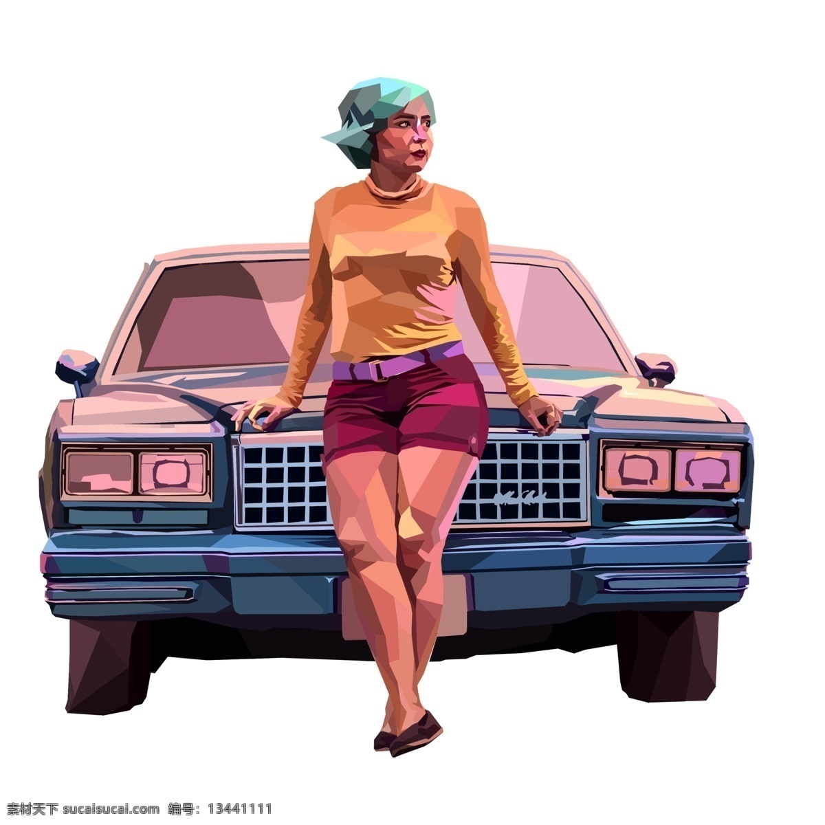 彩色 创意 坐在 辆 车 前 女人 卡通 人物 车子 插画 拍照 车模