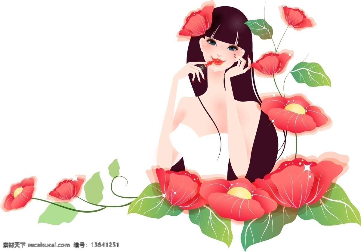 手绘 花朵 美女 元素 水墨 红色 绿叶 仙子 矢量