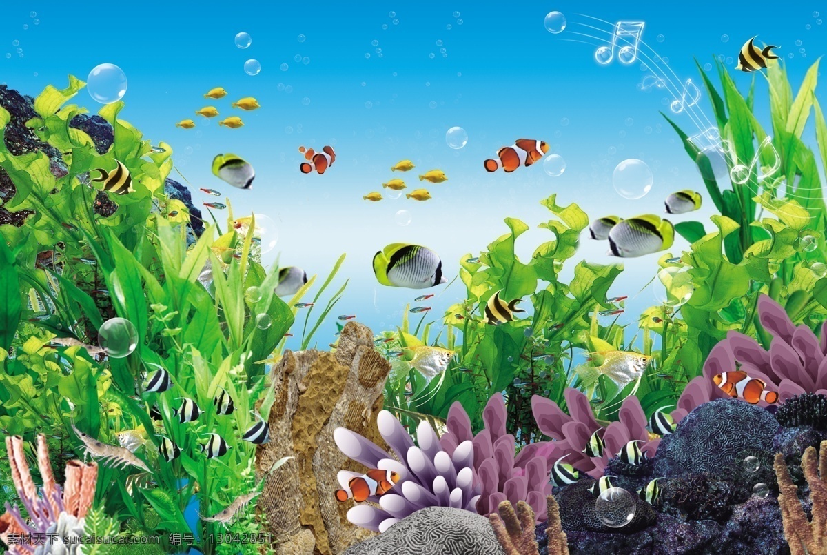 海底世界 水藻 娃娃鱼 岩石 音乐 音符 鱼 泡泡 背景 背景图 珊瑚 蓝色背景 广告设计模板 源文件