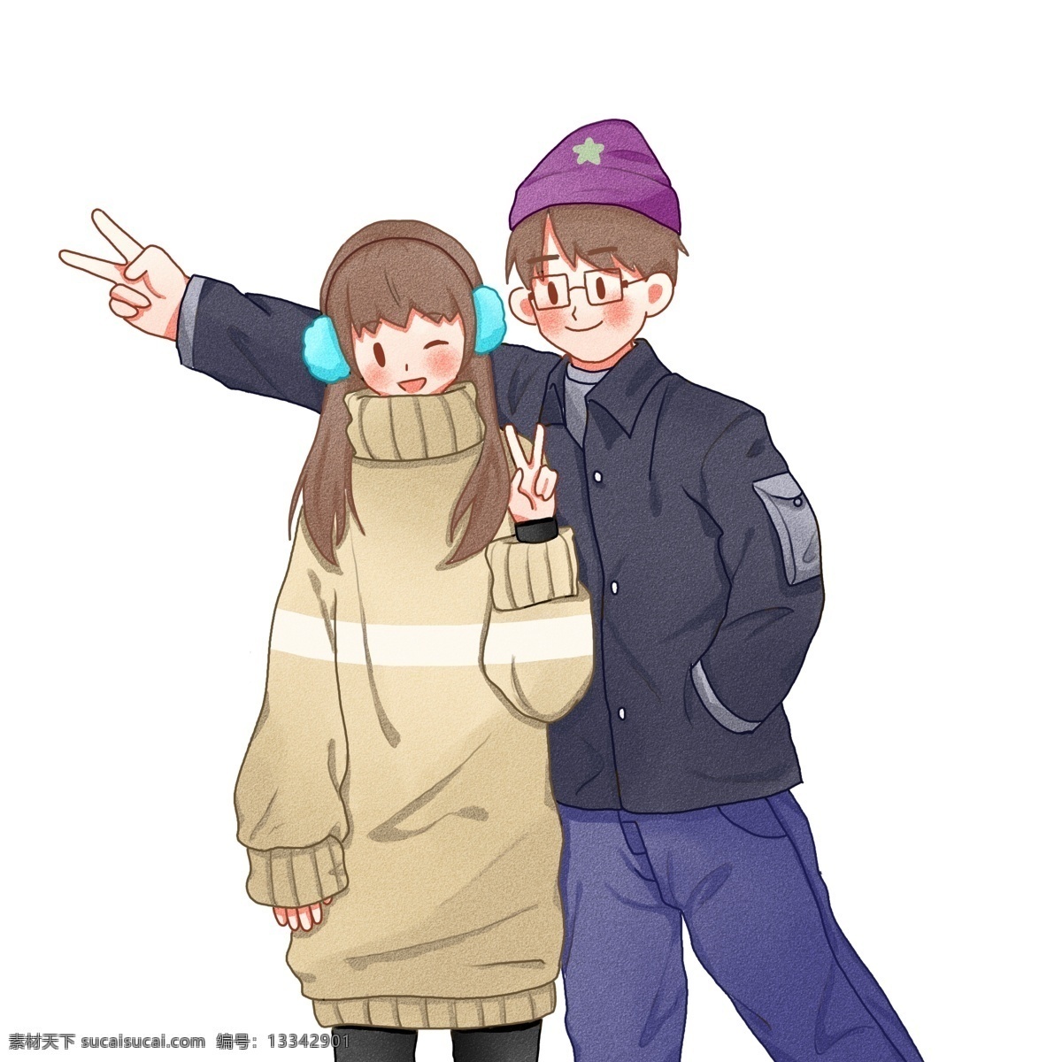 男孩儿 女孩儿 贺 新春 v 手势 庆祝 情侣 草地 红色 蓝色 紫色 大雪 2019年 新年 节气 冬天 欢庆 雪地 围巾 猪年大吉 新春快乐 诗词