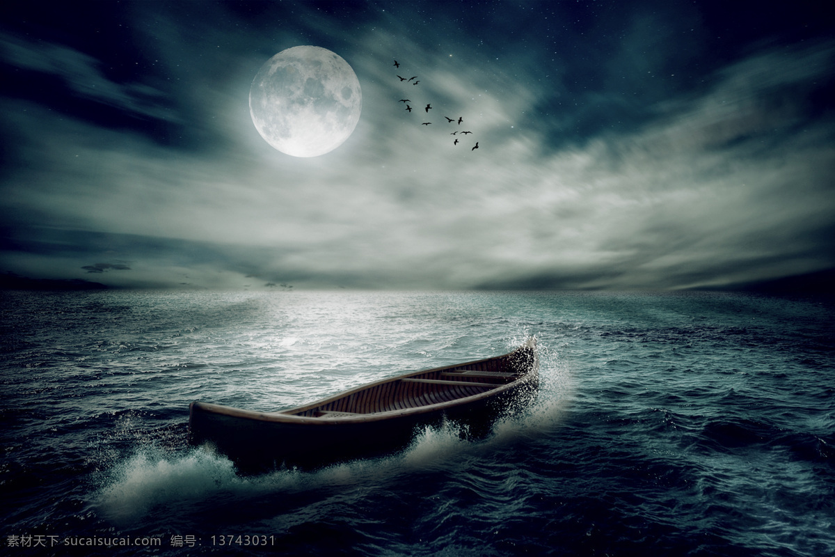 海面 上 木船 小船 孤舟 大海风景 海面风景 月亮 夜晚风景 美丽风景 美景 美丽景色 自然风光 其他风光 风景图片